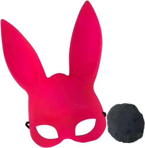 Vista 7 de NOVELTY GIANT WWW.NOVELTYGIANT.COM Conjunto de media máscara de conejo sexy de lujo para adultos con cola Rosado