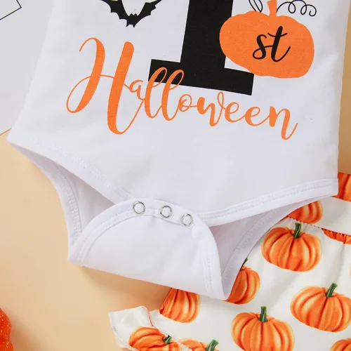Vista 6 de GRNSHTS Traje de Halloween para bebé recién nacido, mi primer disfraz de Halloween con volantes y pantalones cortos de calabaza, 3 piezas