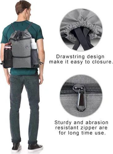 Vista 5 de BeeGreen Mochila con cordón y bolsillos con cremallera y botella de agua de malla para deportes de gimnasio, Gris, Mochilas Daypack