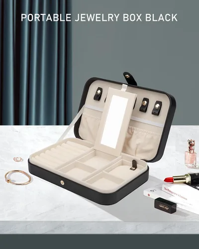 Vista 7 de Joyero pequeño, joyero de viaje portátil para mujer, mini organizador de viaje de 2 capas, regalo para mujeres y niñas, negro A