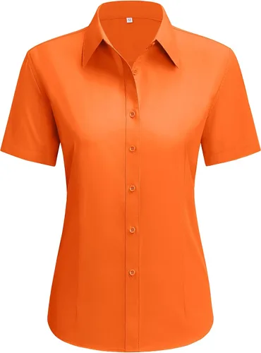 Vista 8 de siliteelon Camisas de vestir para mujer, de manga corta, de algodón, camisa con botones abajo, camisa básica con botones arriba, camisas con cuello