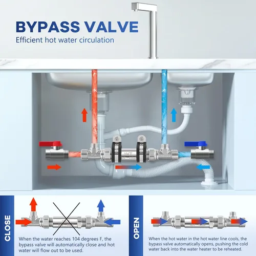 Vista 4 de Válvula de derivación de acero inoxidable 304 para bomba de recirculación de agua caliente instantánea, válvula de control de temperatura mejorada