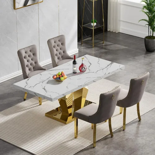 Vista 59 de Juego de mesa de comedor de mármol sintético, 7 piezas, juego de mesa de cocina y comedor para 6, mesa de comedor rectangular blanca de 70 pulgadas