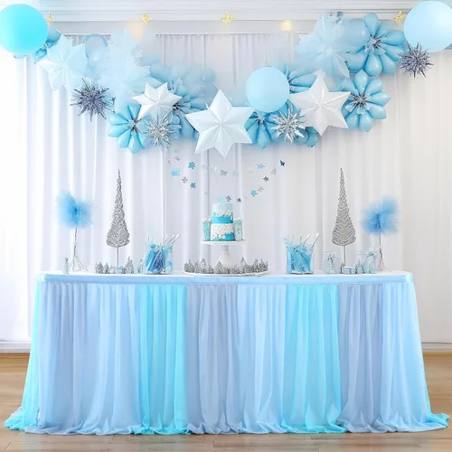 Vista 10 de Besutolife Faldas de mesa de tul rosa y azul para revelación de género, falda de mesa tutú para baby shower, para niñas y niños, fiesta