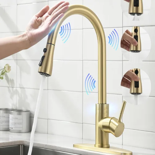 Vista 20 de Grifo de cocina táctil, rociador desplegable de 3 modos, sensor táctil activado, control de temperatura LED, rotación de 360 grados, placa de Negro