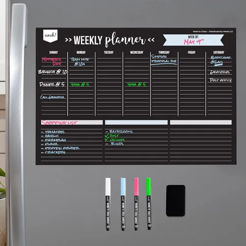 Vista 2 de Cinch! Planificador semanal magnético de borrado en seco de 17 x 12 pulgadas para refrigerador, tablero de calendario semanal negro con 4 marcadores