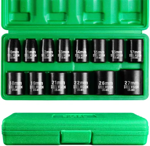 Vista 11 de Steel Vision Tools Juego de 13 piezas de 1/2 pulgada SAE de impacto con unidad de enchufe profundo Acero cromo-molibdeno EncHUFES de impacto