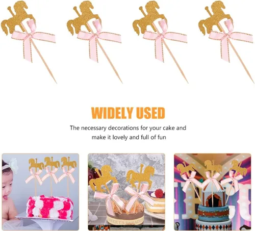 Vista 7 de Amosfun 50 piezas de carrusel de caballos de 4.72 x 1.77 pulgadas, decoración de madera para pasteles de cumpleaños, decoración de cupcakes