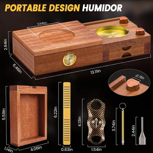Vista 6 de Juego de humidor y cenicero con forro de madera de cedro, con cortador de puros, higrómetro, humidificador, potenciador de dibujo, bandeja de whisky