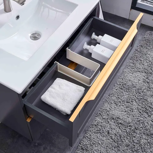 Vista 6 de Vanidad flotante de 30 pulgadas, juego de tocador de baño de montaje en pared azul, tocador de baño moderno con fregadero, armario de baño combinado