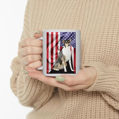 Vista 3 de Taza de café con diseño temático americano con diseño tricolor liso Collie, taza de té de cerámica blanca de 11 onzas, regalos para propietarios
