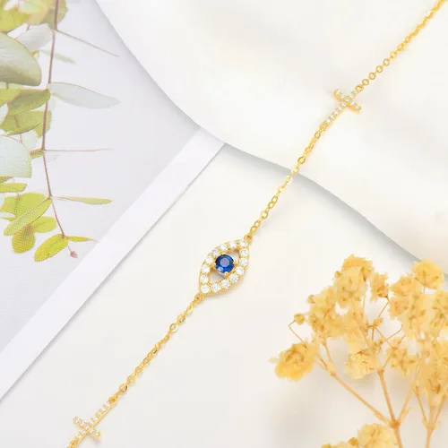 Vista 5 de 14K Real Gold Evil Eye Bracelet for Women Yellow Gold Eveil Eye and Cross Bracelets Dainty Blue Evil Eyes Bracelet Adjustable 6.5" to 8.5