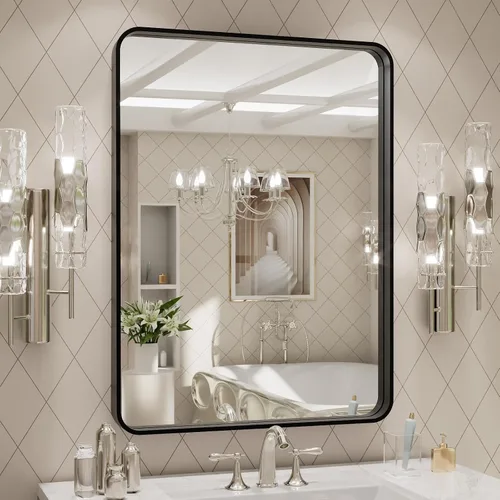 Vista 70 de LOAAO 20x16 Pulgadas Espejo de Baño con Marco de Metal Negro para Pared, Espejo de Tocador de Baño de Estilo Granja, Espejo Grande Rectangular