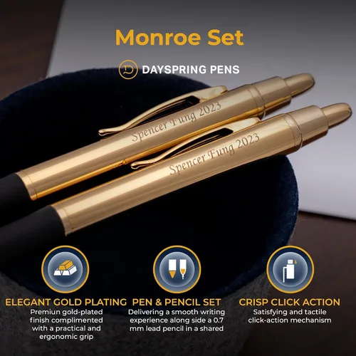 Vista 4 de Dayspring Pens - Juego de bolígrafos y lápices personalizados Monroe chapados en oro de 18 quilates. Grabado personalizado con tu nombre, gran