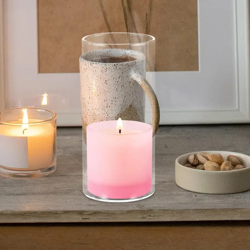 Vista 8 de HOMSFOU Funda para portavelas de huracán, cilindro de vidrio transparente, abierto en ambos extremos, tubo de sombra de chimenea, vela flotante
