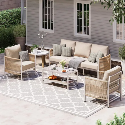 Vista 8 de Sofá de dos plazas de aluminio para patio exterior, sofá de patio de cuerda HDPE con cojín grueso lavable, muebles de patio para todo tipo de clima