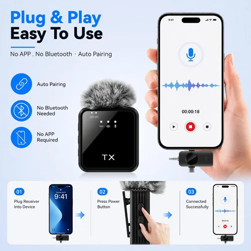 Vista 7 de Micrófono de solapa inalámbrico 3 en 1, micrófono de teléfono para iPhone/Android/cámara, transmisión de 200 pies, duración de la batería de 18