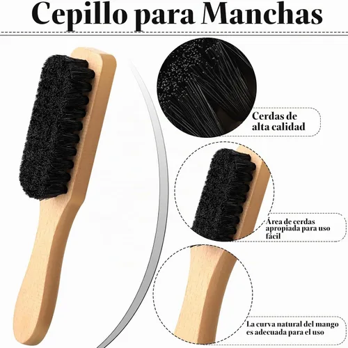 Vista 3 de 3 piezas de cepillo de manchas de lavandería cepillo de cerdas suaves muebles de terciopelo con mango de madera herramienta de manchas para limpieza