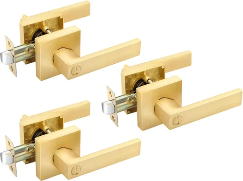 Vista 24 de EHOMEWARE - Juego de manijas de puerta delantera doble de latón, manija de puerta de latón cuadrado resistente en oro y cerradura de un solo