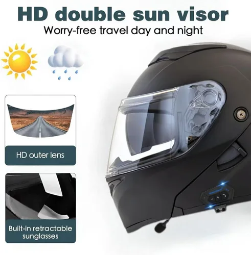 Vista 4 de Casco modular Bluetooth para motocicleta, aprobado por DOT, de cara completa con visor abatible, de doble visera, con altavoces duales y micrófono