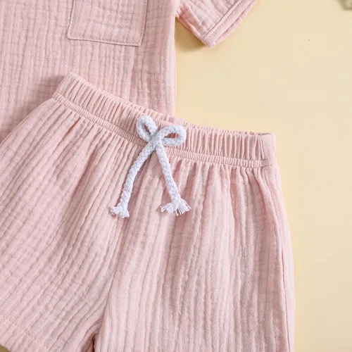 Vista 6 de Conjunto de 2 piezas de camiseta de algodón y lino de manga corta y pantalones cortos elásticos, 2 piezas, ropa casual de verano