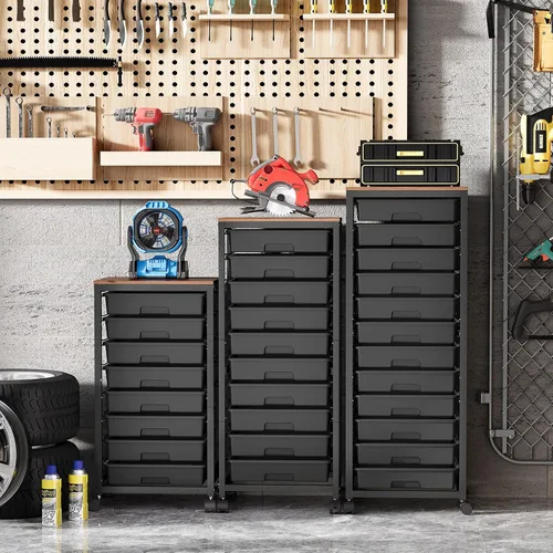 Vista 3 de SYKIARIOL Carrito rodante con cajones, carrito con ruedas de 10 cajones, carrito de almacenamiento con ruedas, carrito de cajón negro rodante