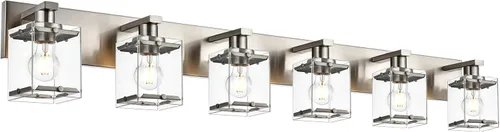 Vista 19 de Iluminación de aplique de pared de 2 luces con base de bombilla E26, lámpara de tocador de baño moderna de níquel cepillado para sobre espejo