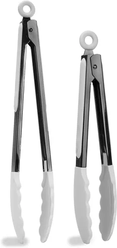 Vista 10 de Country Kitchen Pinzas de cocina de acero inoxidable con punta de silicona para utensilios de cocina antiadherentes, tarifa de BPA, elegante Gris