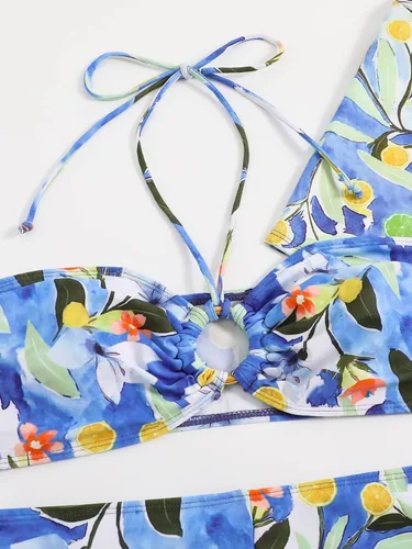 Vista 4 de Romwe Traje de baño de 3 piezas para mujer con estampado floral halter bikini conjunto con kimono