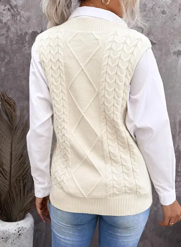 Vista 4 de EVALESS - Chaleco de gran tamaño para mujer, cuello en V, sin mangas, color sólido, suéter suelto