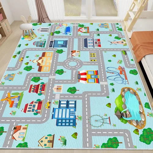 Vista 12 de Alfombra de coche para niños, 2 pies 7 pulgadas x 4 pies, alfombra de juego de tráfico urbano para autos de carreras y juguetes, divertida alfombra