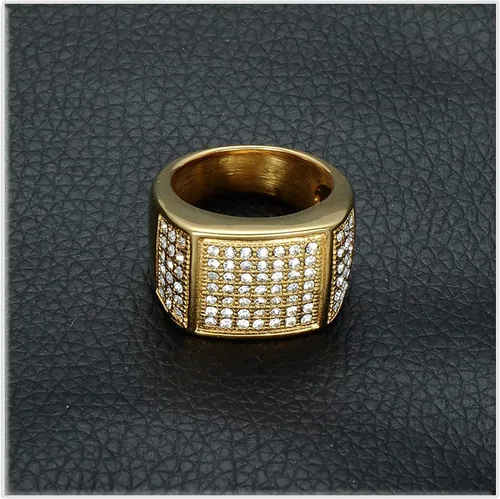 Vista 4 de Xusamss Hip Hop chapado en oro de 18 quilates de acero inoxidable cuadrado anillo de cristal