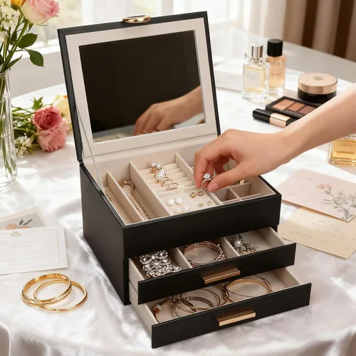 Vista 22 de Elegant Gift Jewelry Box with Mirror - 3-Layer Organizer for Earrings, Rings, Necklaces, Ready to Give for Birthday Anniversary Christmas Apricot