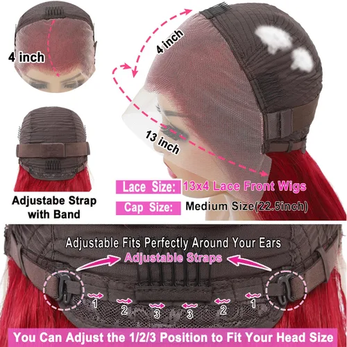 Vista 4 de MUPRETTY Pelucas de cabello humano con encaje frontal color burdeos, densidad del 180 %, peluca de encaje frontal de 13 x 4 pulgadas, con cabello