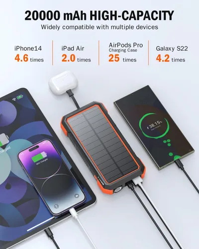 Vista 7 de BLAVOR Cargador solar de 20000 mAh integrado 4 cables, batería externa de carga rápida de 20 W con USB C, luz de campamento, linterna, batería