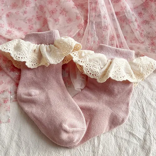 Vista 6 de Taous Assam Calcetines de encaje con volantes para bebés y niñas, calcetines de vestir de princesa con volantes