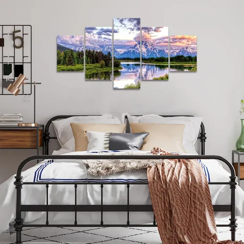 Vista 5 de SKASNFAI 5 piezas de paisaje del parque nacional Grand Teton, arte de pared, pinturas en lienzo de montaña, paisajes naturales, cuadros enmarcados