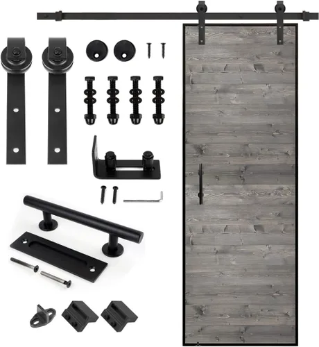 Vista 10 de S&Z tophand Puerta de granero marrón de 20 pulgadas x 84 pulgadas con kit de herramientas corredizas de 5 pies, estilo moderno, requiere montaje