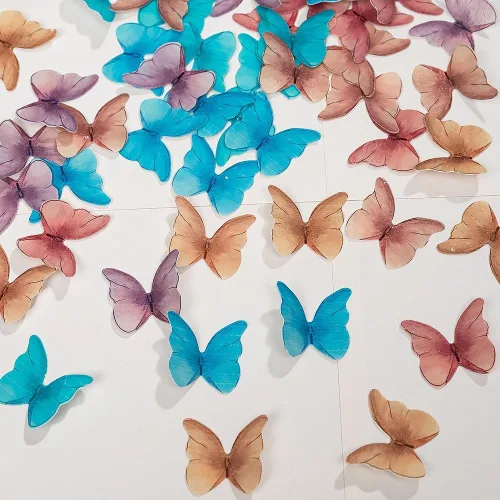 Vista 5 de Mariposas comestibles para decoración de pasteles, decoración comestible de arco iris para pasteles y cupcakes, mariposas de papel de oblea