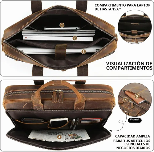 Vista 5 de Jack&Chris Full Grain Leather Briefcase for Men, Business Messenger Bag Laptop Bag Attache Case, Fits 15.6 Inch Laptop Marrón
