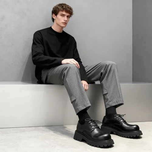 Vista 3 de Zapatos Oxford de plataforma retro para hombre, tacón grueso, con cordones, zapatos de cuero, puntera redonda grande, suela antideslizante, zapatos