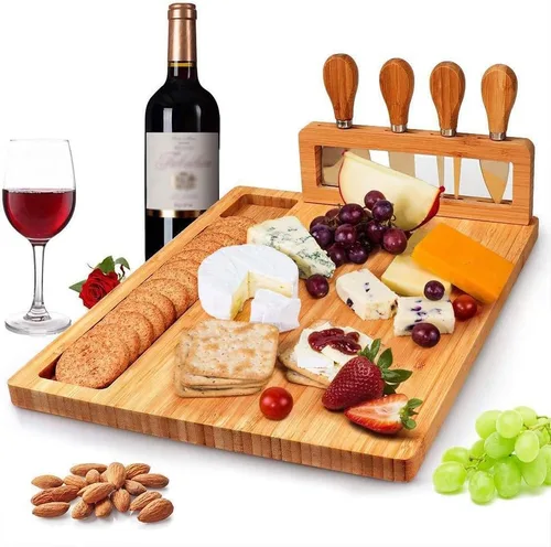 Vista 5 de Juego de tablas de queso y cuchillos de bambú, juego de tablas de embutidos grandes y plato de queso