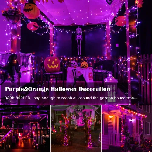 Vista 2 de Tira de luces de Halloween moradas y naranjas, 800 LED, 330 pies, 8 modos, temporizador, impermeable, para enchufar, para interiores y exteriores