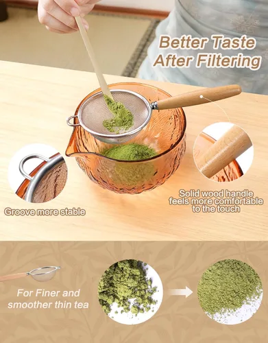Vista 10 de Juego de batidor de matcha, 7 piezas, el kit de matcha incluye cuenco matcha, batidor y soporte de matcha, cuchara de bambú, cuchara, tamiz y toalla