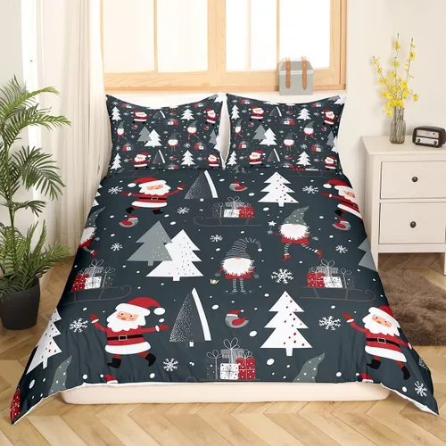 Vista 10 de Juego de ropa de cama de Feliz Navidad, funda de edredón azul con árbol de Navidad para niñas y niños, elegante funda de edredón de copo de nieve