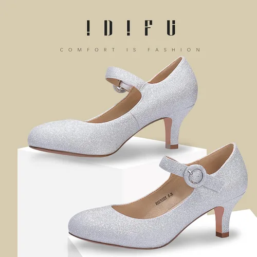 Vista 2 de IDIFU Jessy - Vestido Mary Jane para mujer, zapatos de tacón bajo para gatito, puntera redonda, cerrada, oficina, trabajo, boda