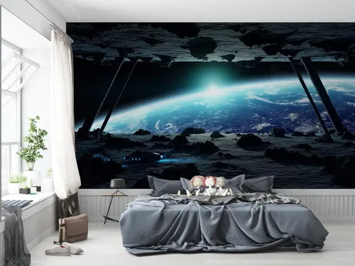 Vista 6 de Niwo ART - Mural de pared Astronauts Explorando Asteroid Spaceship B, Universe Papel tapiz autoadhesivo grande autoadhesivo (64 x 96 pulgadas)
