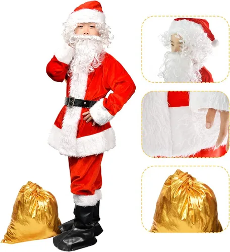 Vista 4 de Disfraz de Papá Noel para niños, disfraz de Papá Noel para niños, traje de Navidad para niños, 9 piezas, traje de Navidad para niños