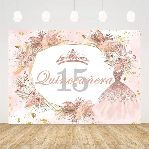 Vista 2 de Sendy Telón de fondo de quinceañera de 15 cumpleaños de 7 x 5 pies para niña dulce, bohemio, rosa dorado con purpurina Mis Quince Anos, decoración