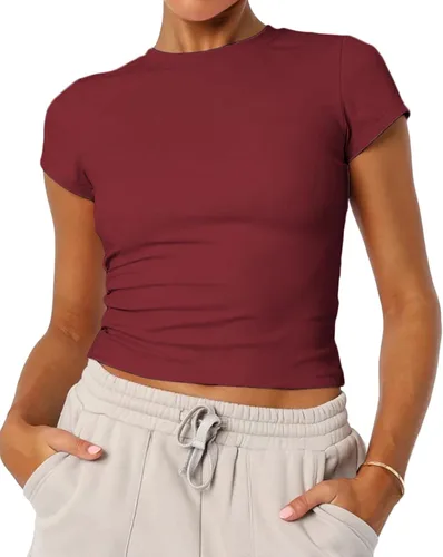 Vista 5 de Camisetas básicas de manga corta con cuello redondo para mujer de verano Y2K, lindas para salir, camisetas estilo bebé Azul ceniza